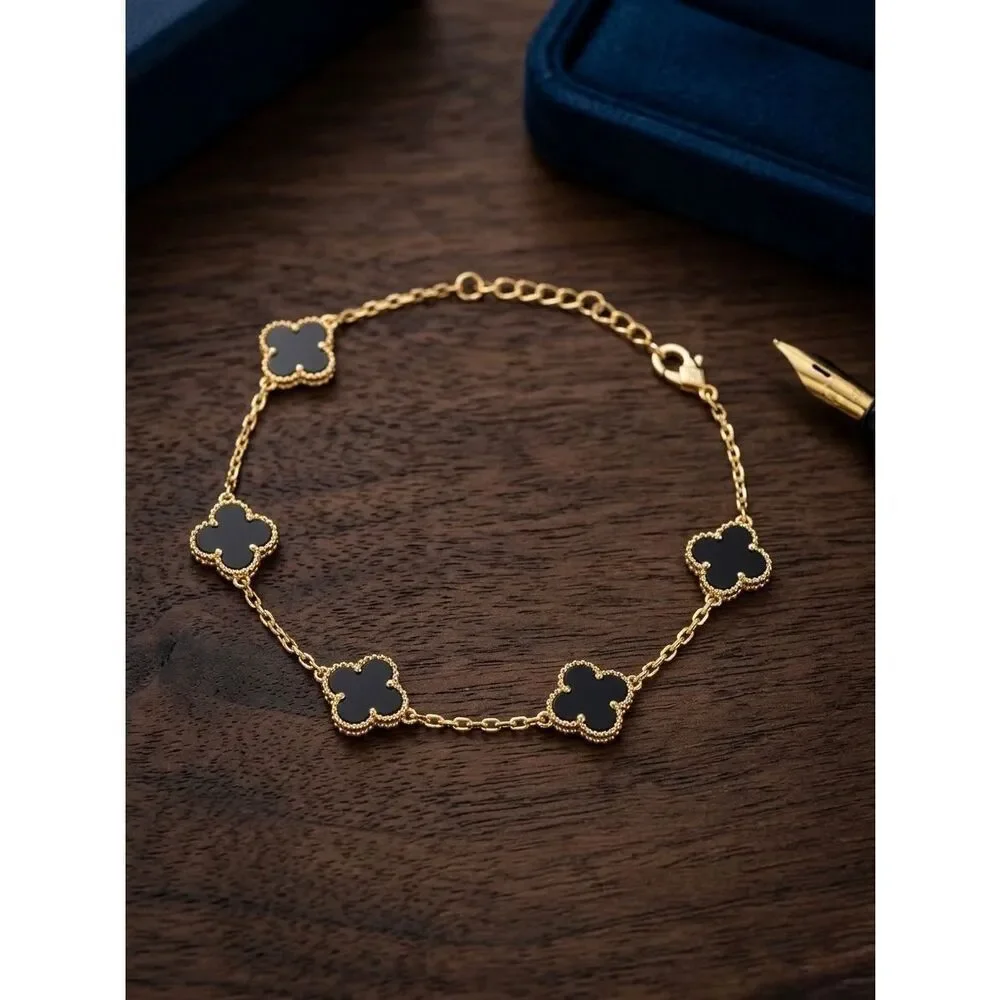 Gold Vermeil Black Onyx Clover Bracelet – Dainty Adjustable Chain, Lucky Charm